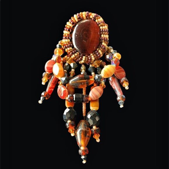 Vintage Tiger eye agate crystal hand beaded large 1980’s hand crafted large pin - Picture 1 of 14